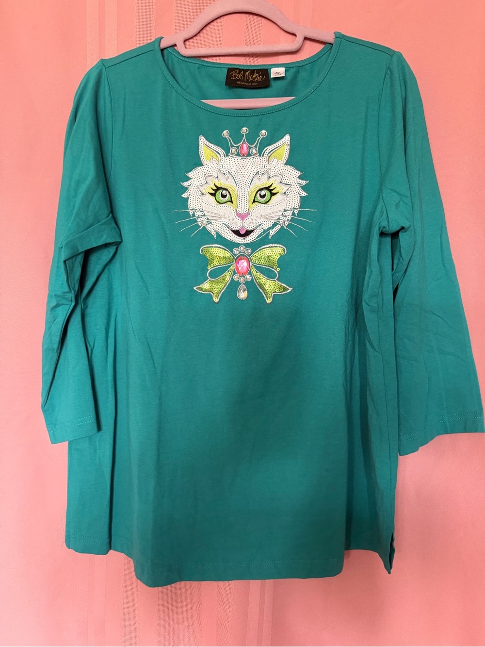 Quacker Factory Teal Cat Tunic with Embellished Bow